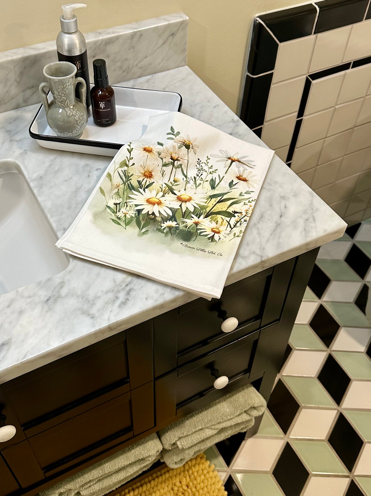 Tea Towel: White Daisy | 100% Ringspun Cotton | Designer Kitchen Decor | Handmade