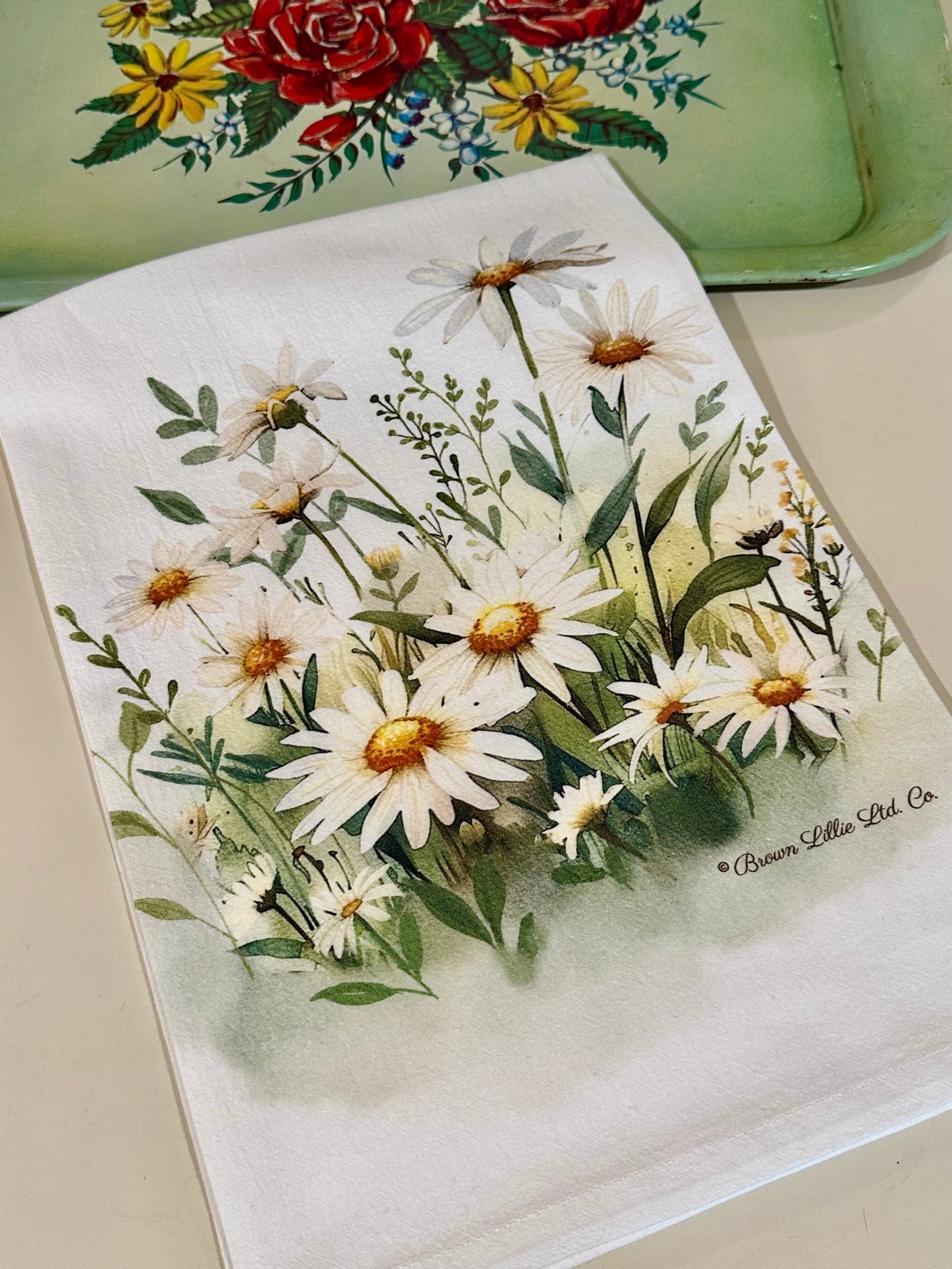 Tea Towel: White Daisy | 100% Ringspun Cotton | Designer Kitchen Decor | Handmade