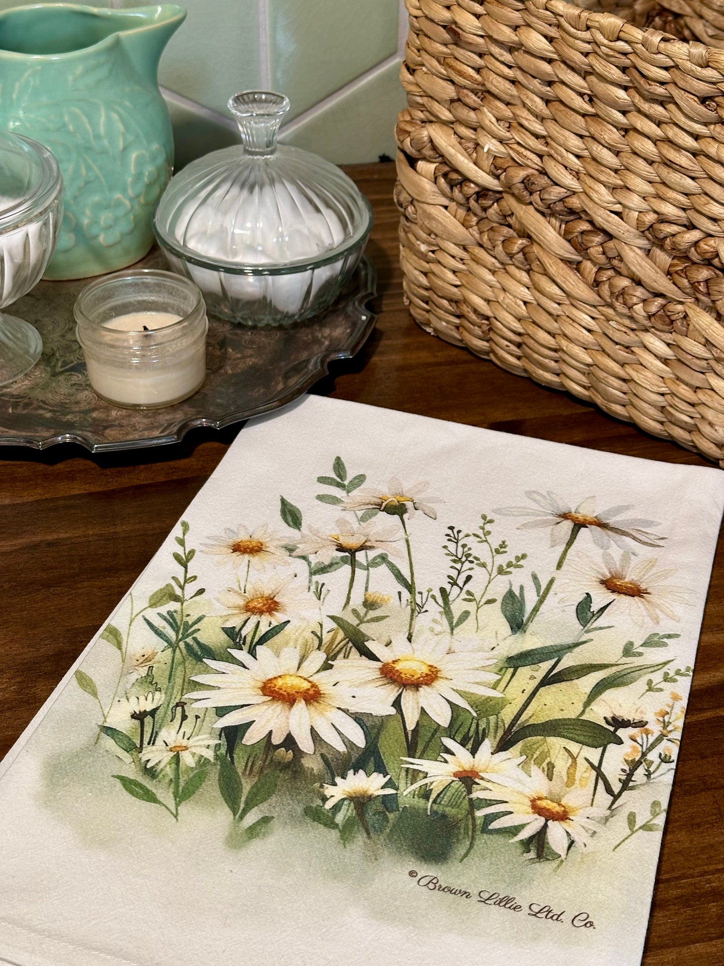 Tea Towel: White Daisy | 100% Ringspun Cotton | Designer Kitchen Decor | Handmade