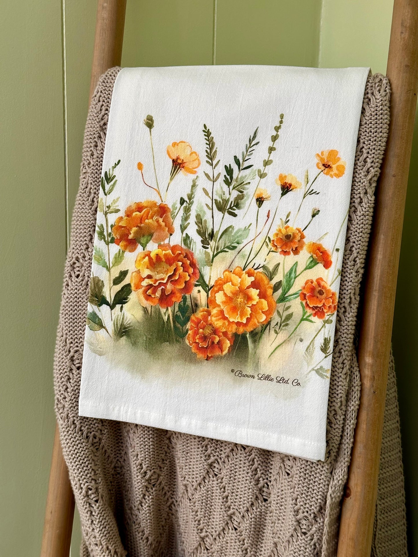 Tea Towel: Orange Marigolds | 100% Ringspun Cotton | Designer Kitchen Decor | Handmade