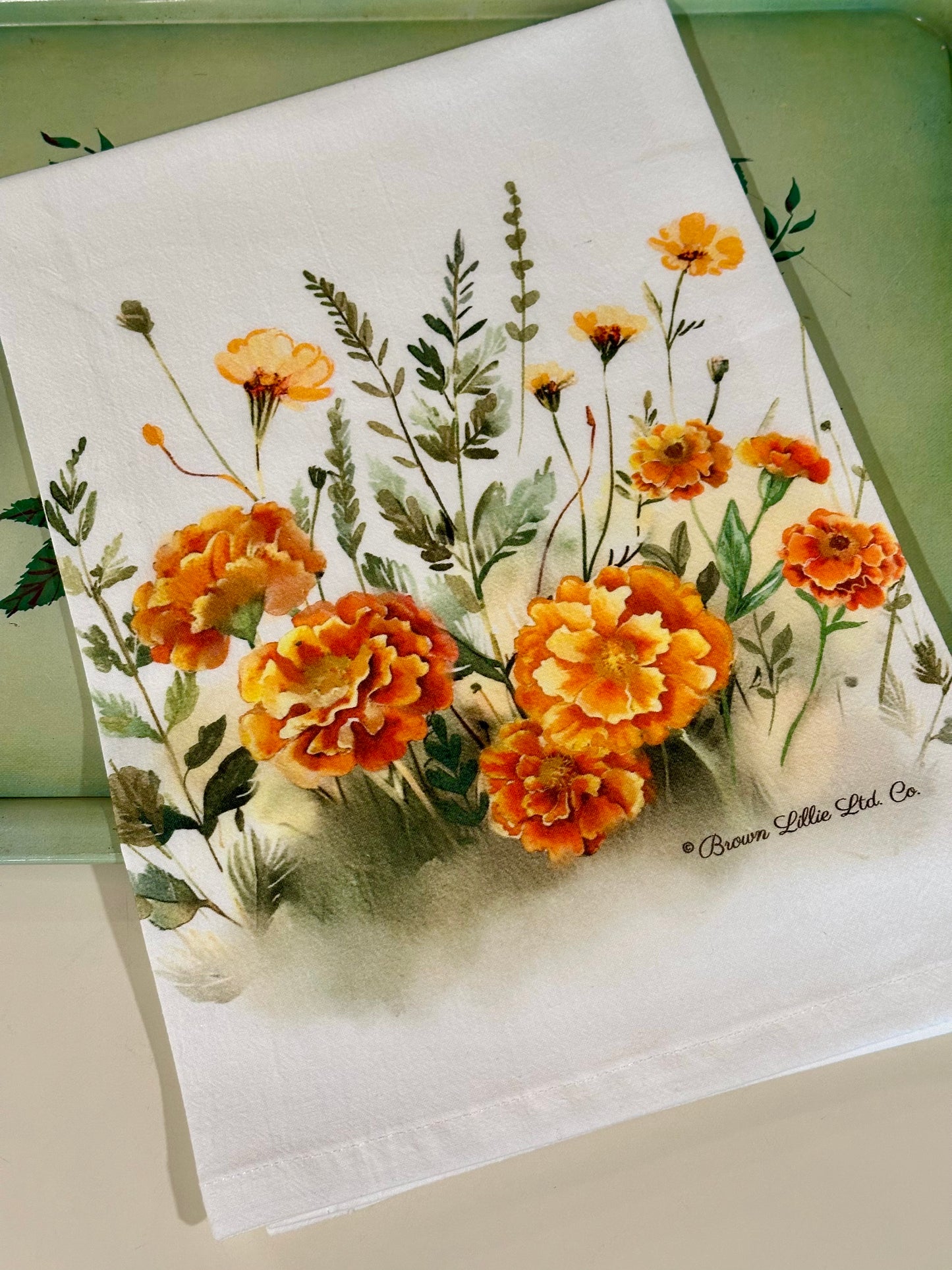 Tea Towel: Orange Marigolds | 100% Ringspun Cotton | Designer Kitchen Decor | Handmade