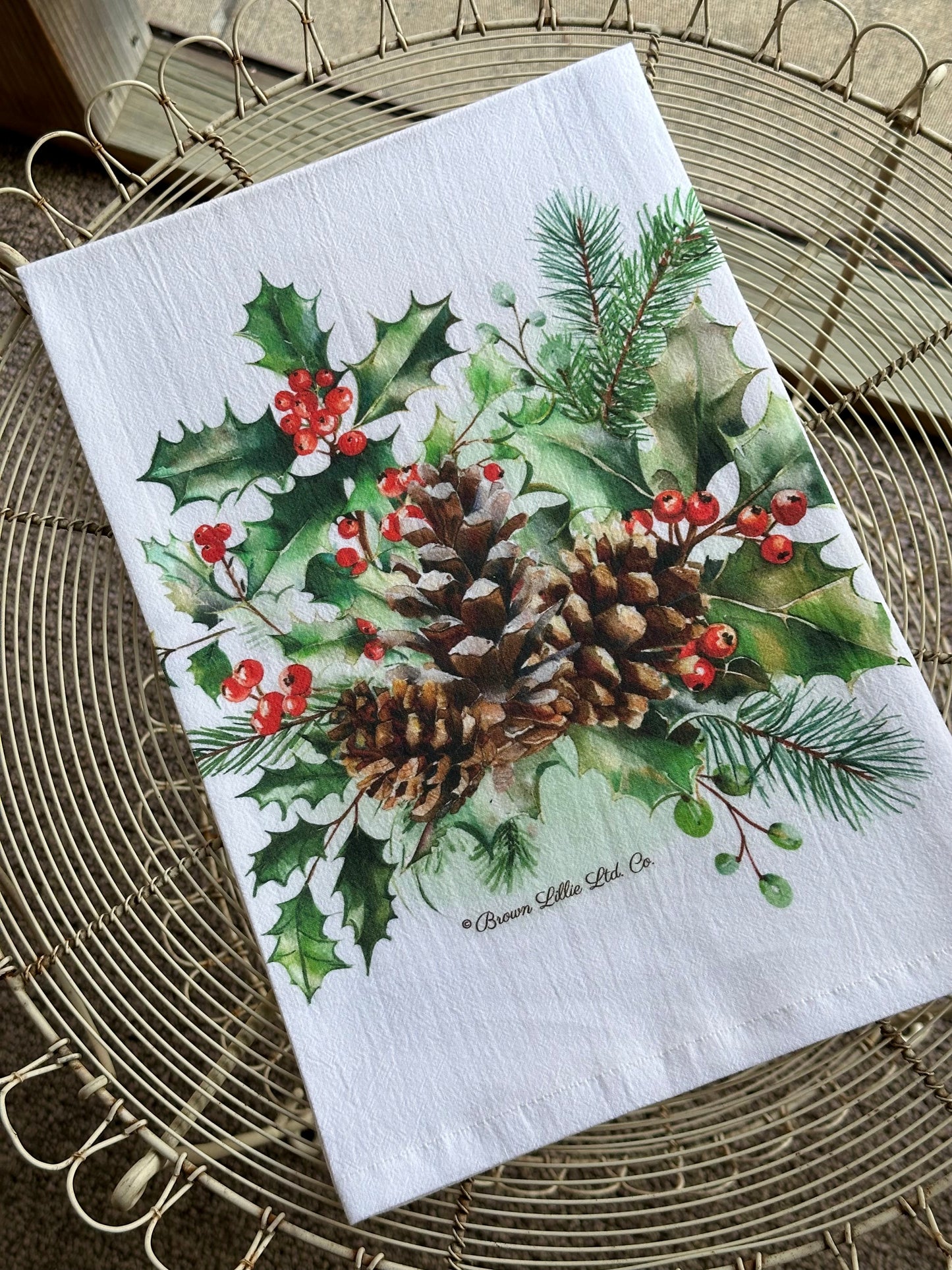 Tea Towel: Holiday Holly & Berries | 100% Ringspun Cotton | Designer Kitchen Decor | Handmade