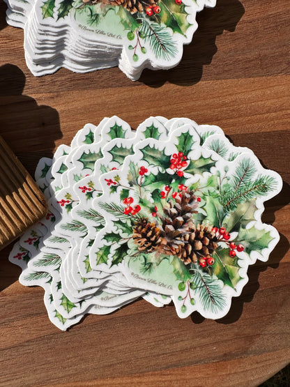 Holly & Berries: 3" Waterproof Vinyl Sticker | December Birth Flower *Free Shipping