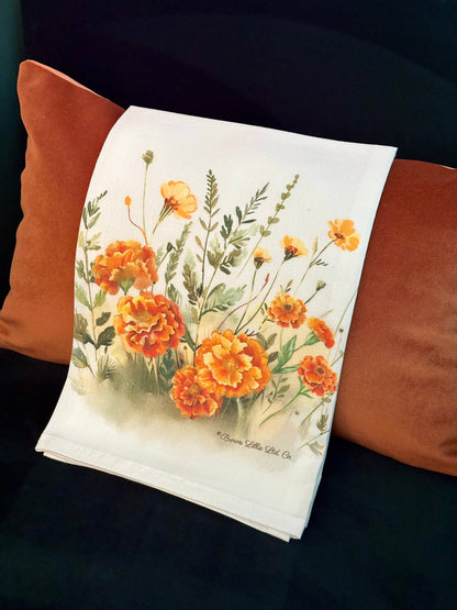 Tea Towel: Orange Marigolds | 100% Ringspun Cotton | Designer Kitchen Decor | Handmade