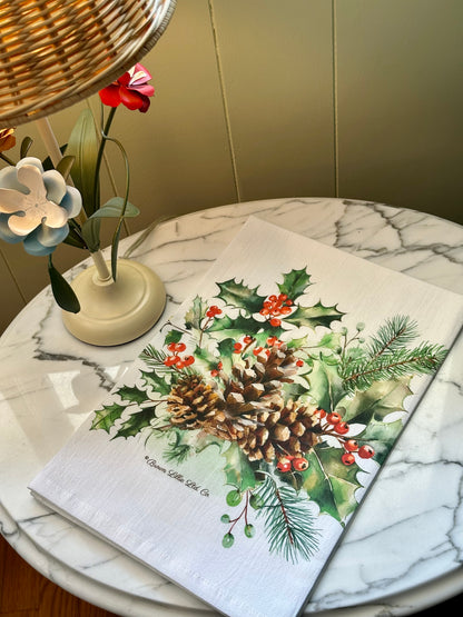 Tea Towel: Holiday Holly & Berries | 100% Ringspun Cotton | Designer Kitchen Decor | Handmade