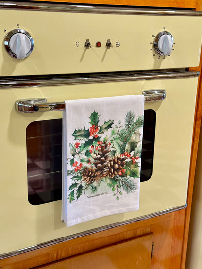 Tea Towel: Holiday Holly & Berries | 100% Ringspun Cotton | Designer Kitchen Decor | Handmade