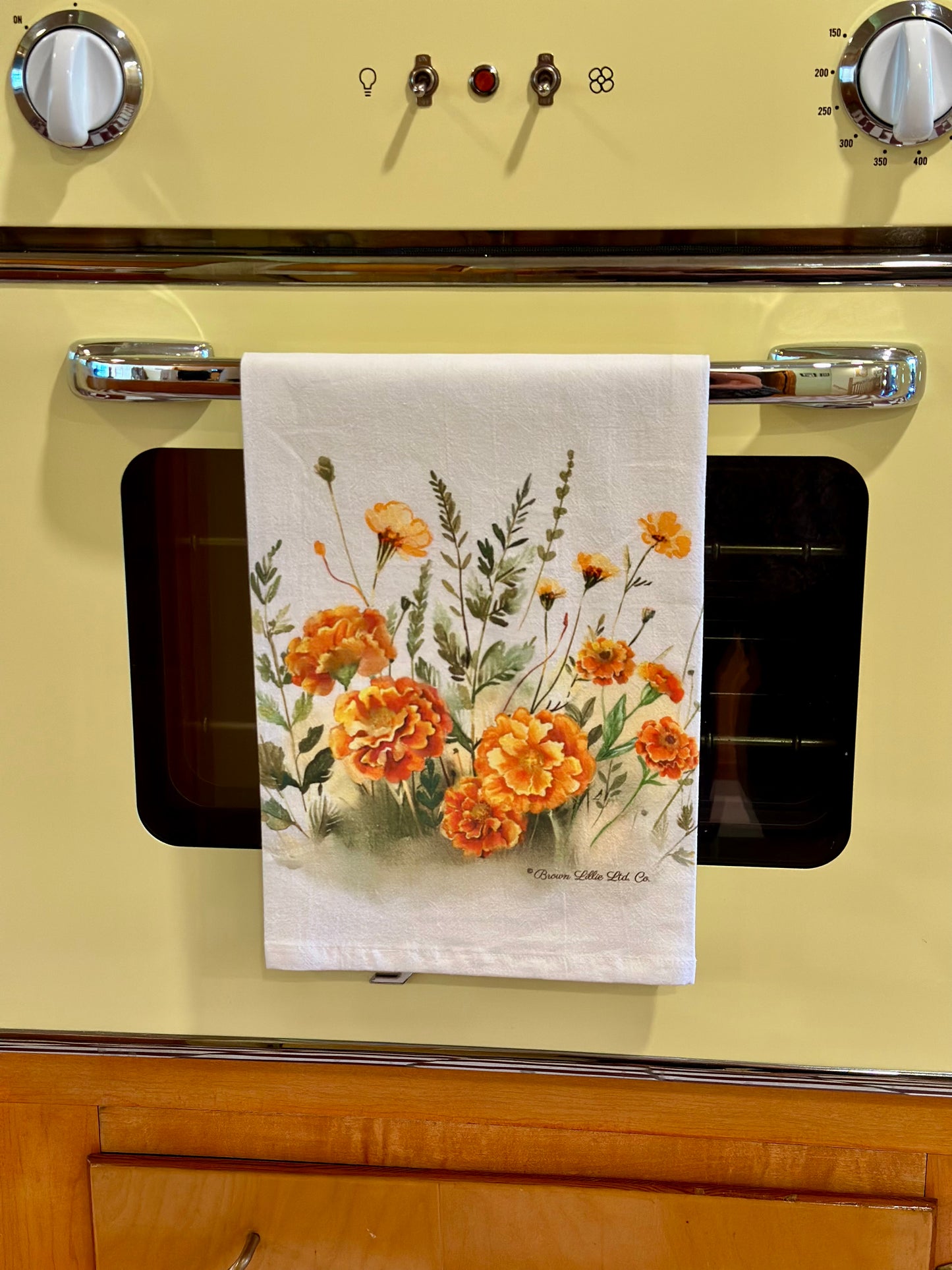 Tea Towel: Orange Marigolds | 100% Ringspun Cotton | Designer Kitchen Decor | Handmade