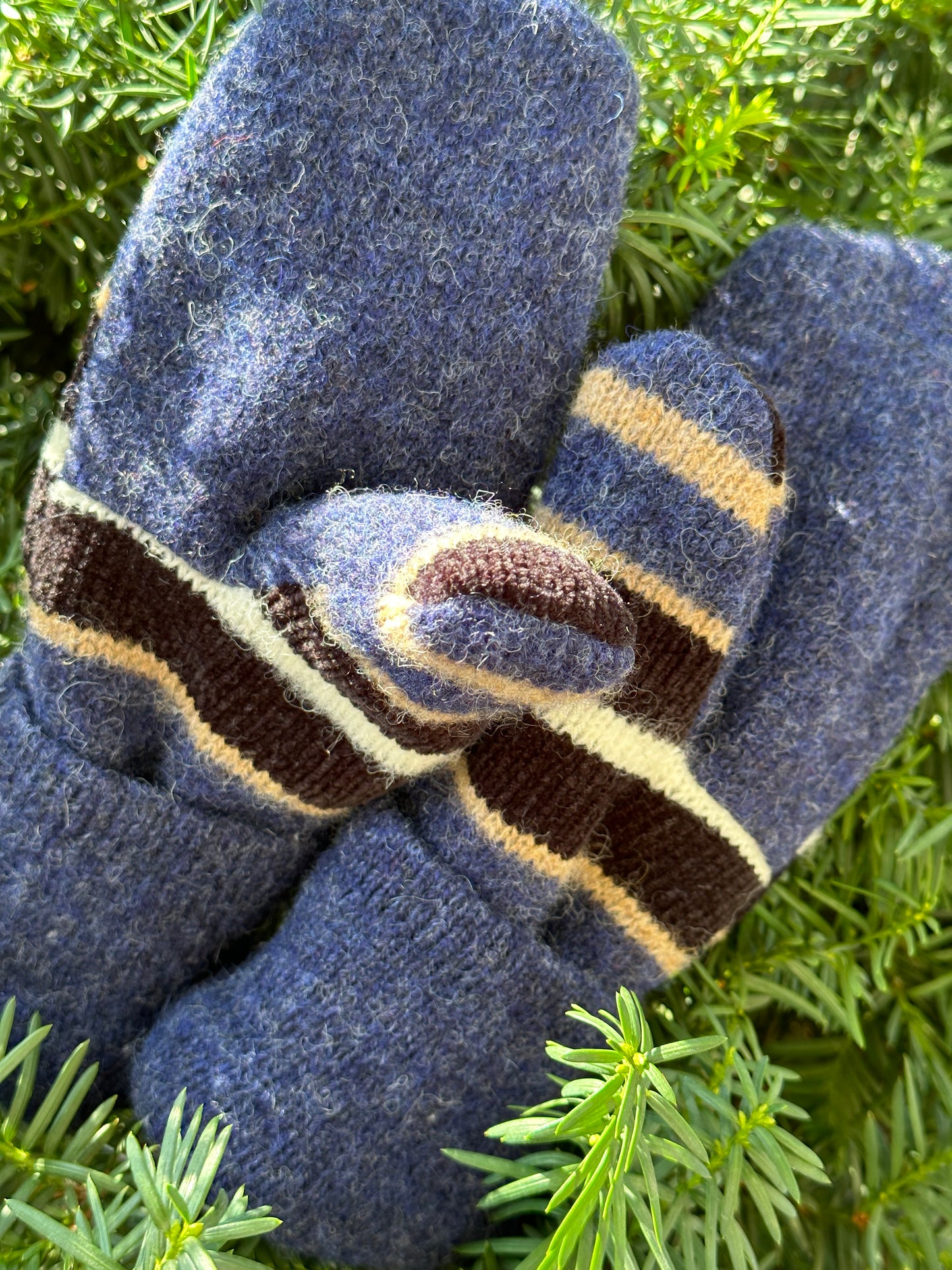 Handmade Sweater Mittens: Navy Stripe