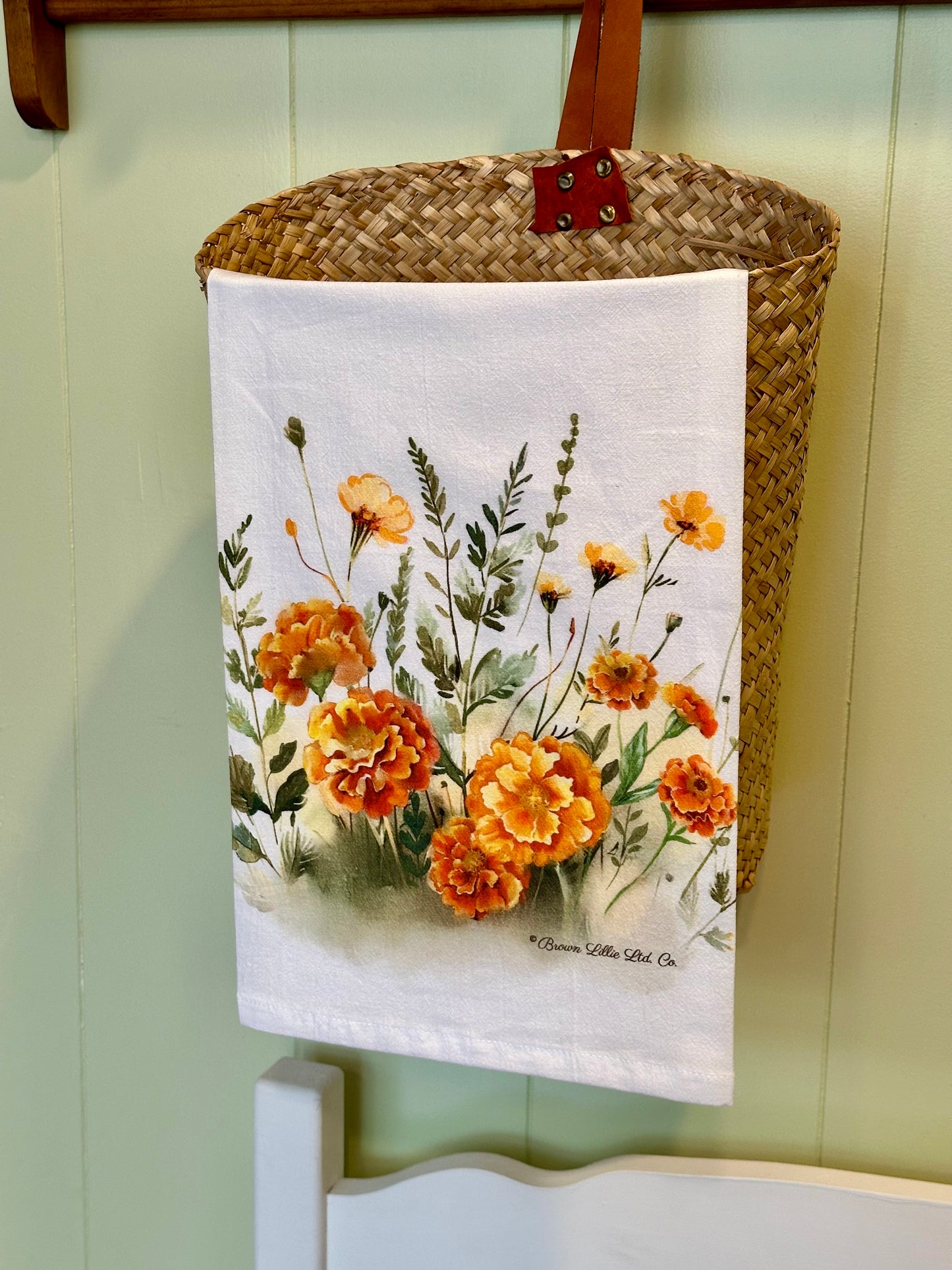 Tea Towel: Orange Marigolds | 100% Ringspun Cotton | Designer Kitchen Decor | Handmade