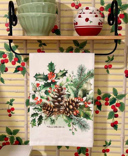 Tea Towel: Holiday Holly & Berries | 100% Ringspun Cotton | Designer Kitchen Decor | Handmade