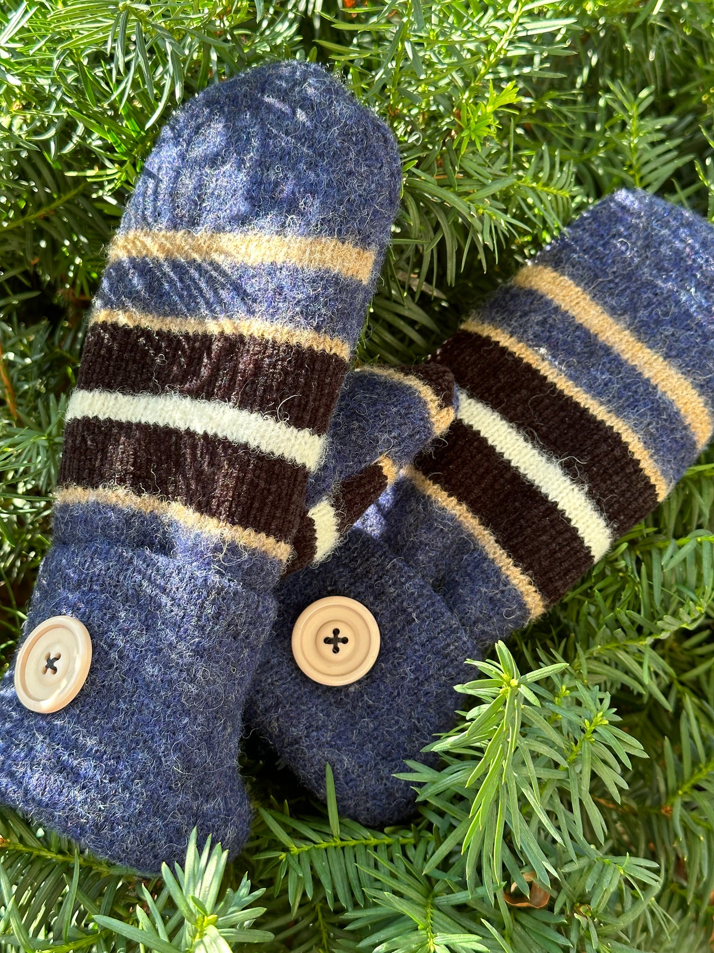 Handmade Sweater Mittens: Navy Stripe