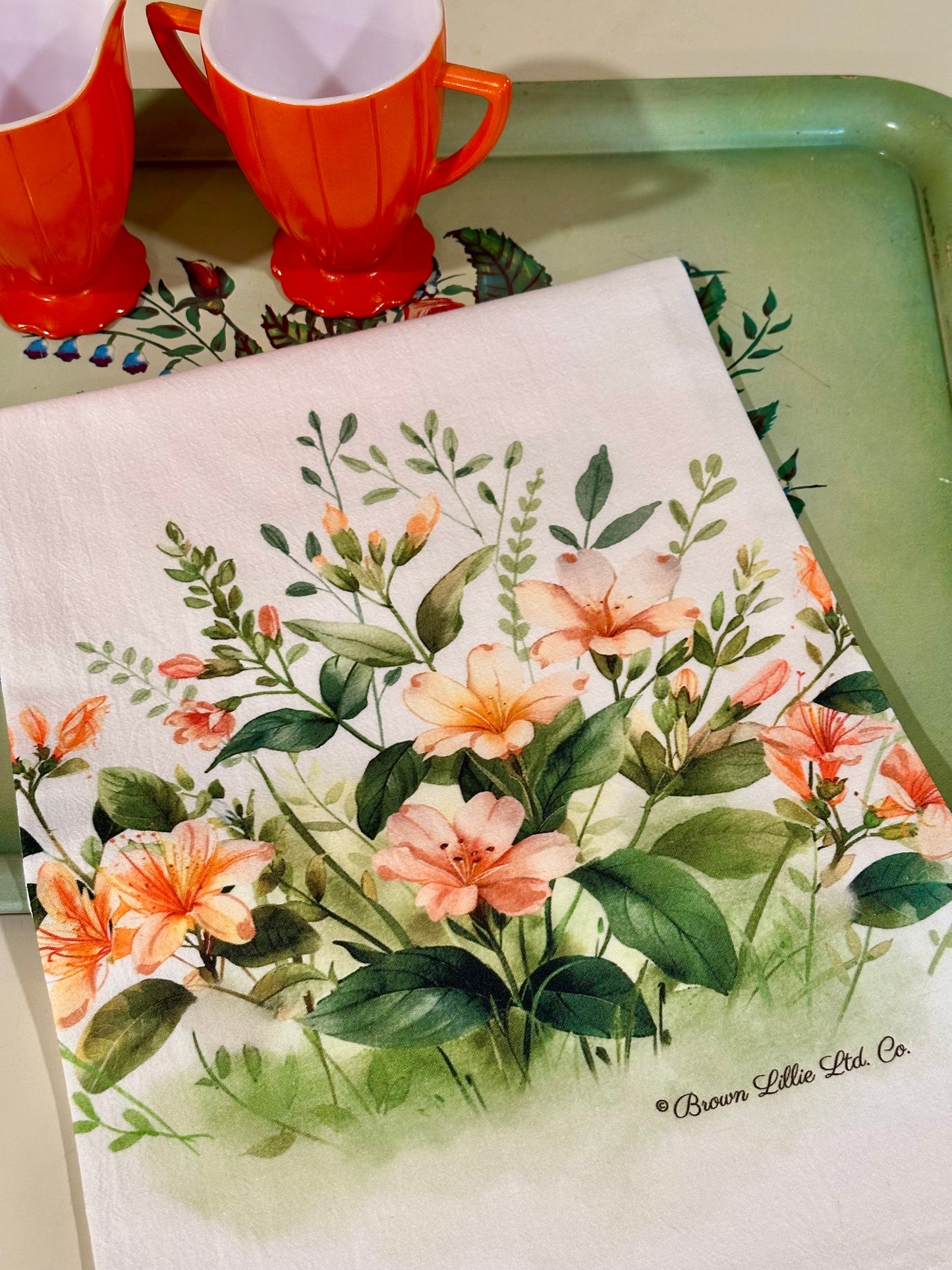 Tea Towel: Orange Honeysuckles | 100% Ringspun Cotton | Designer Kitchen Decor | Handmade