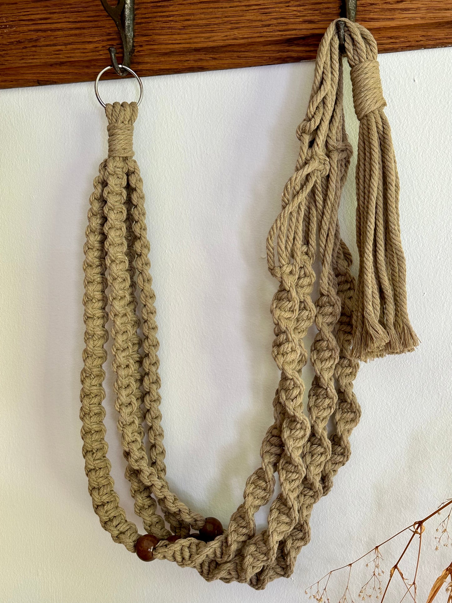 Khaki Green Beaded Macrame Plant Hanger