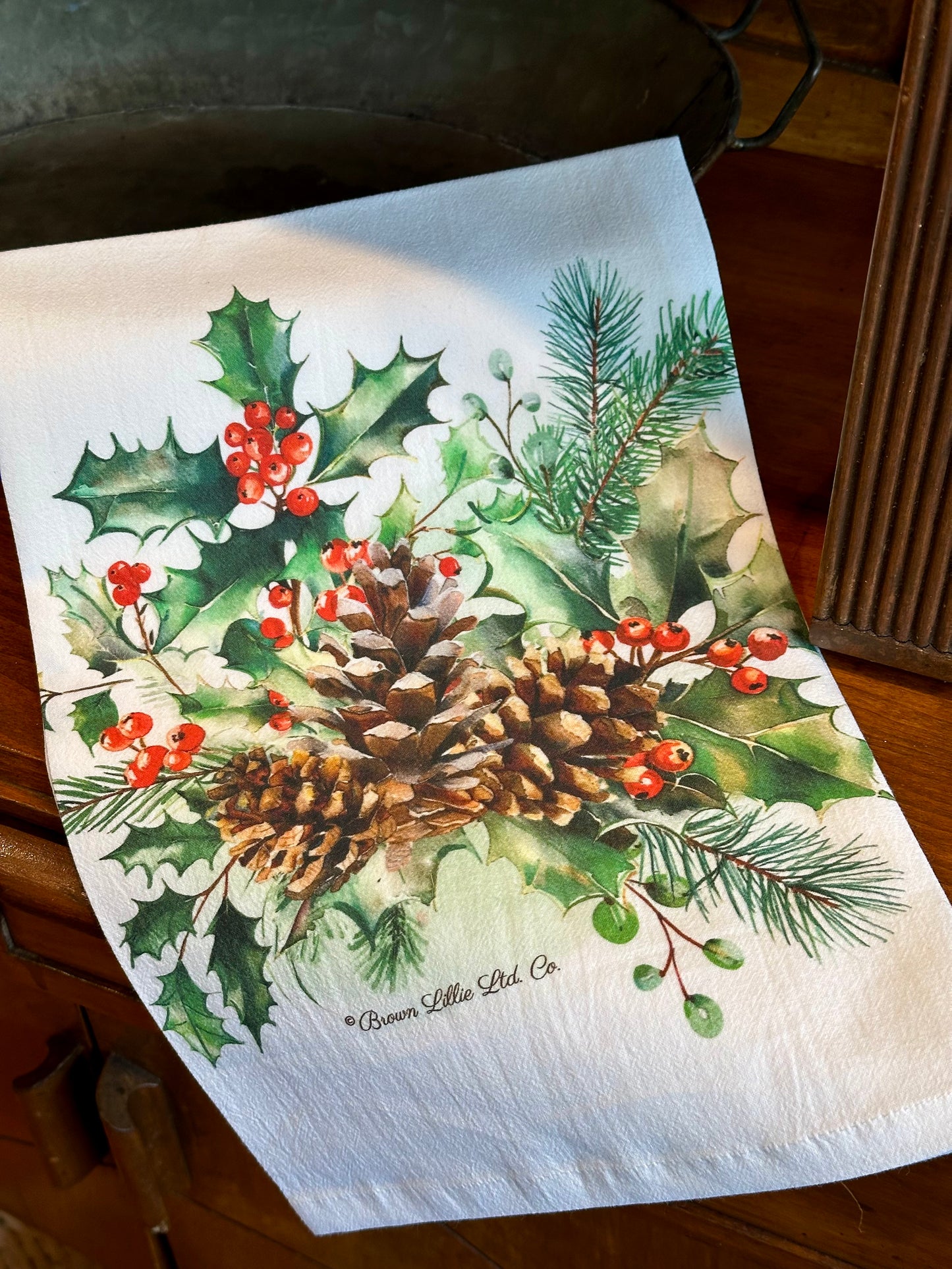 Tea Towel: Holiday Holly & Berries | 100% Ringspun Cotton | Designer Kitchen Decor | Handmade