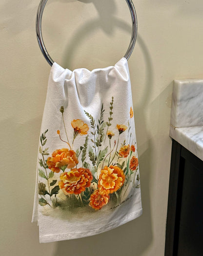 Tea Towel: Orange Marigolds | 100% Ringspun Cotton | Designer Kitchen Decor | Handmade