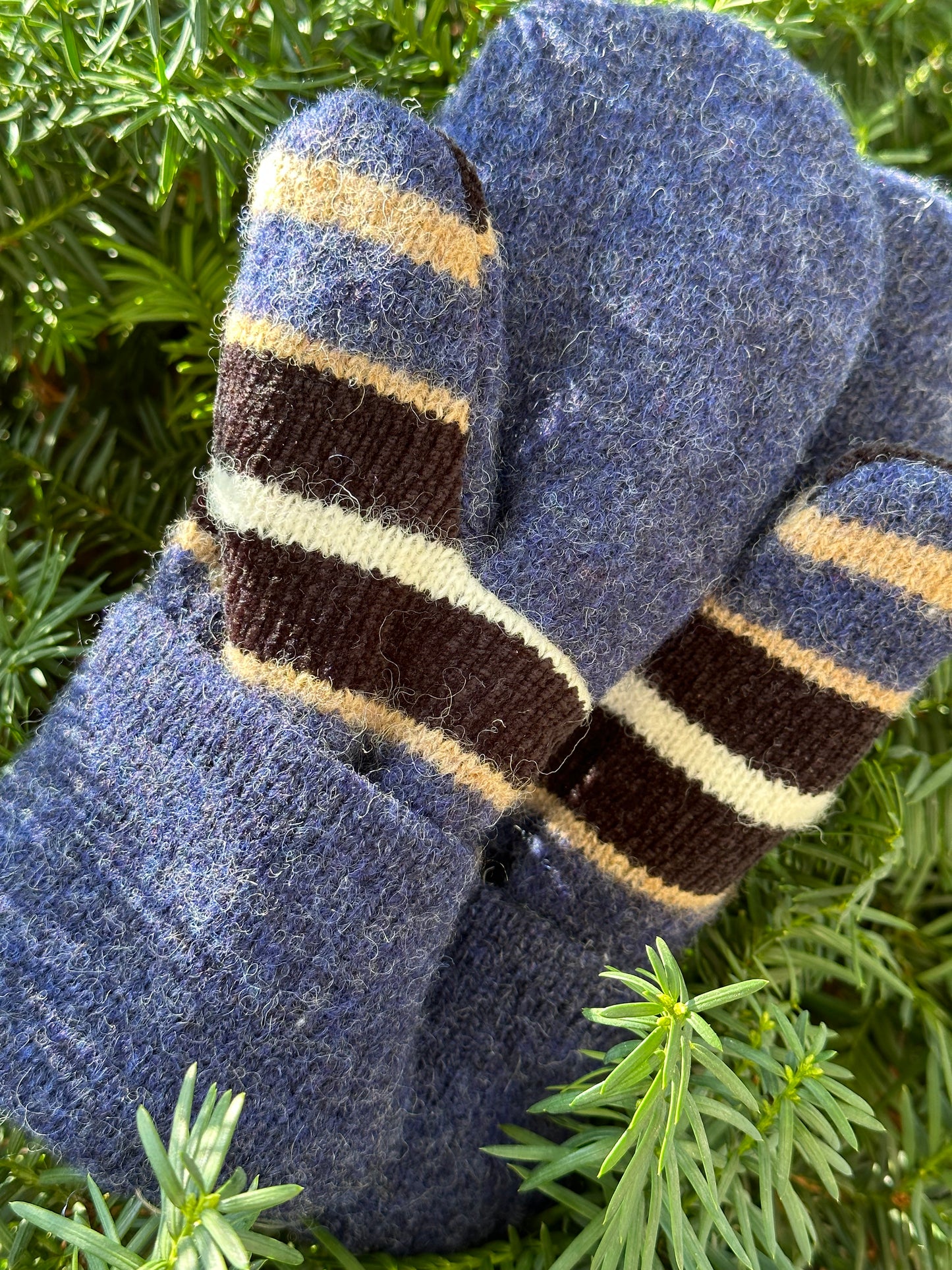 Handmade Sweater Mittens: Navy Stripe