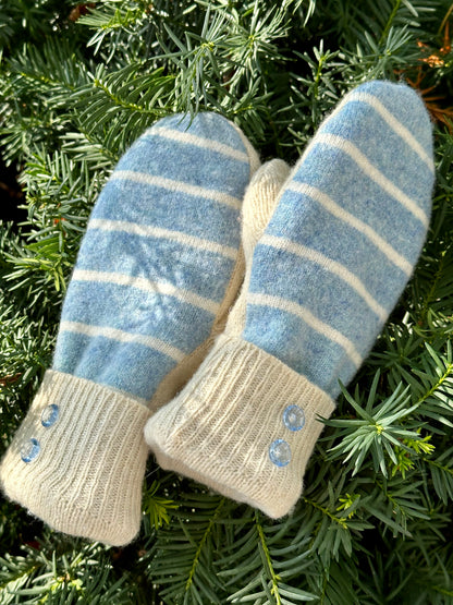 Handmade Sweater Mittens: Sky Blue Stripe