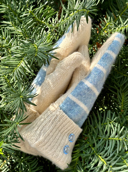 Handmade Sweater Mittens: Sky Blue Stripe