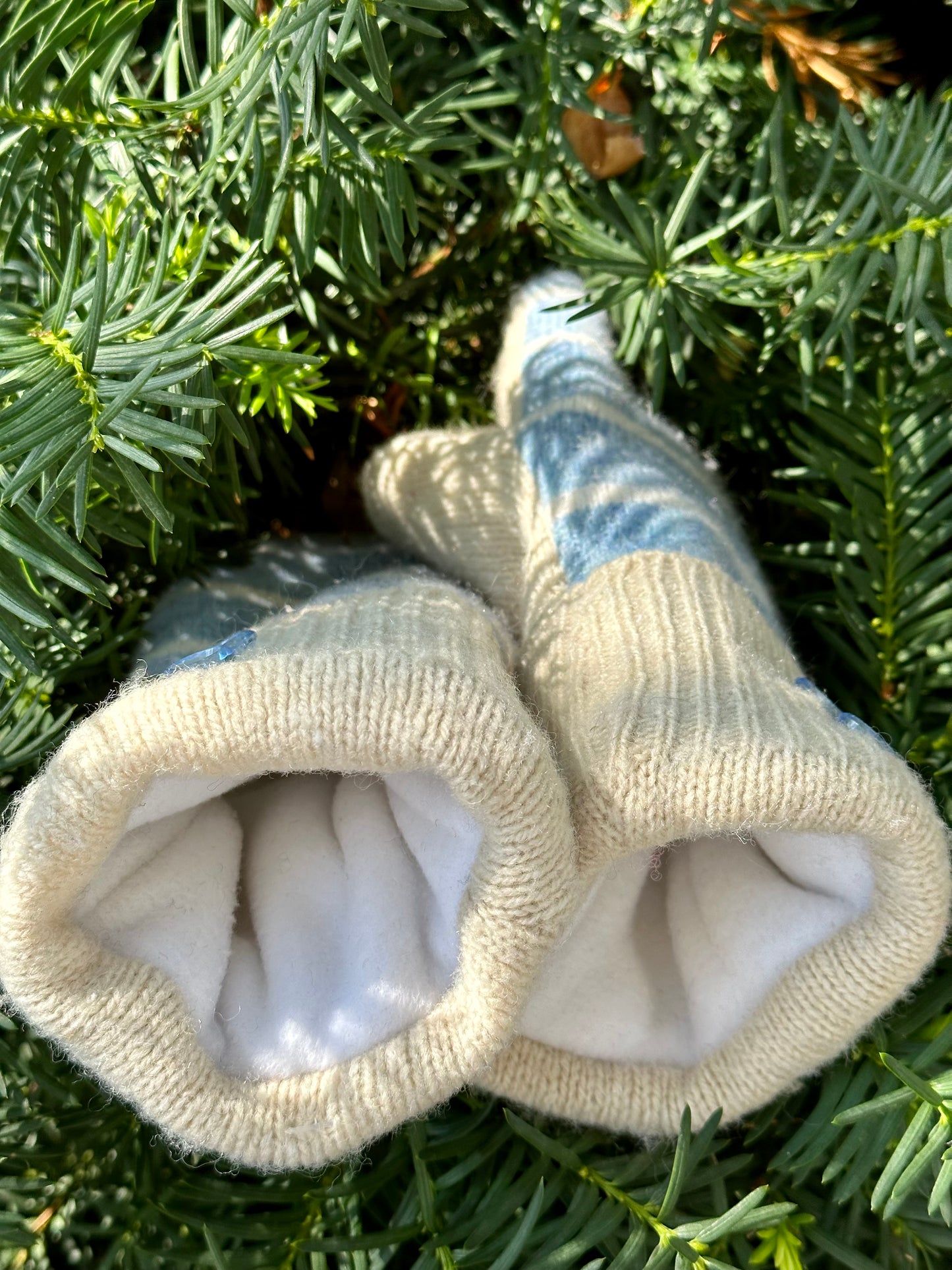 Handmade Sweater Mittens: Sky Blue Stripe