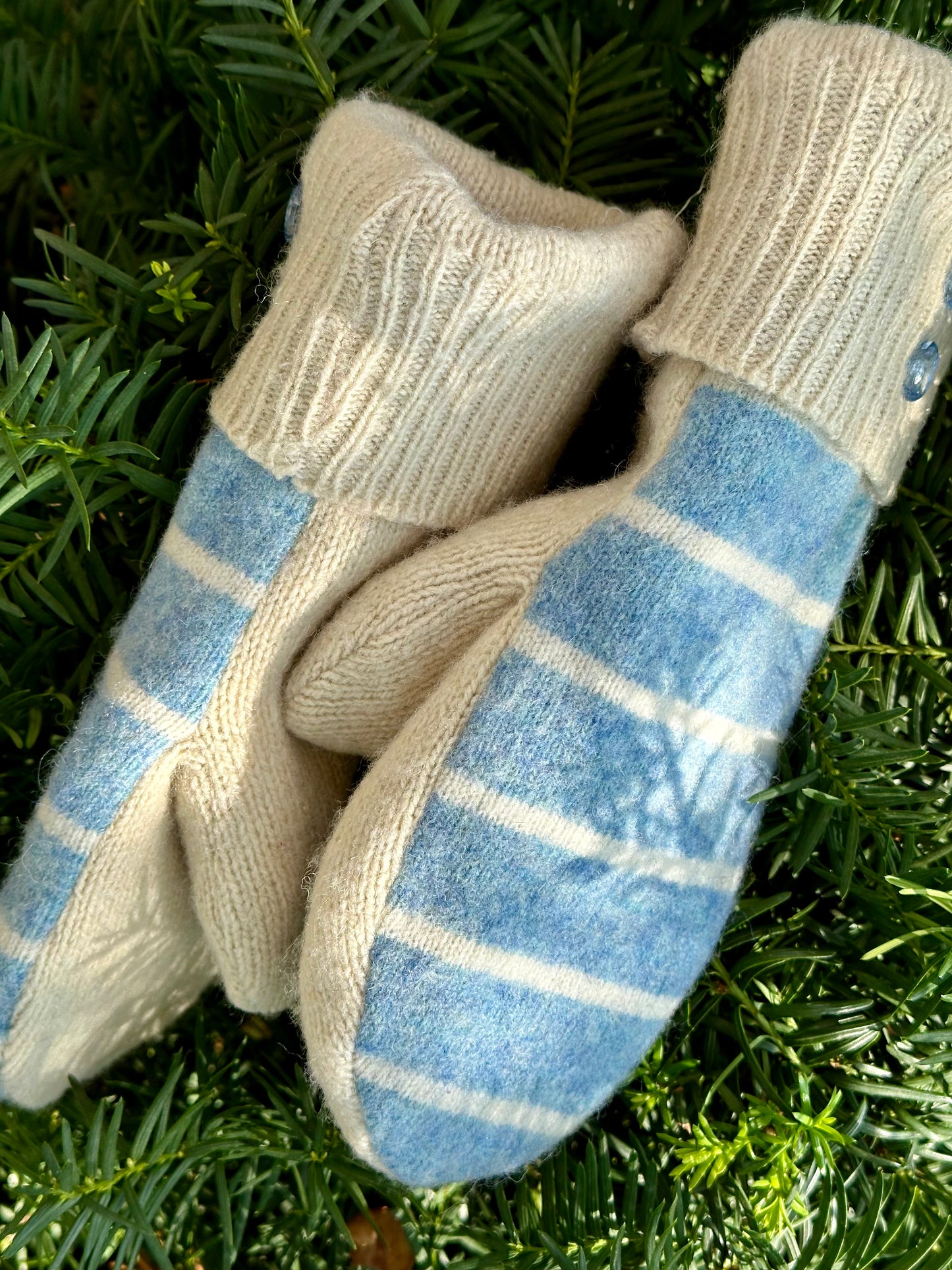 Handmade Sweater Mittens: Sky Blue Stripe