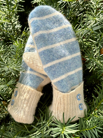 Handmade Sweater Mittens: Sky Blue Stripe