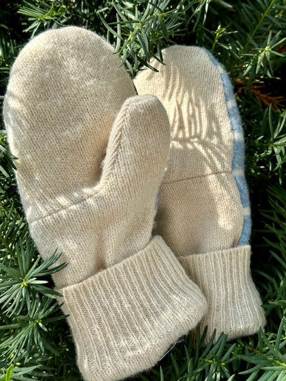 Handmade Sweater Mittens: Sky Blue Stripe