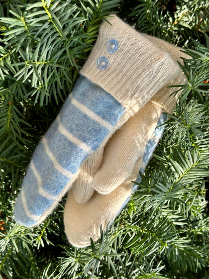 Handmade Sweater Mittens: Sky Blue Stripe