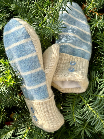 Handmade Sweater Mittens: Sky Blue Stripe